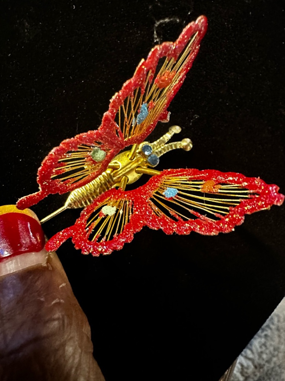 Vintage Red Glitter Butterfly Brooch with Gold Accents - Picture 4 of 13